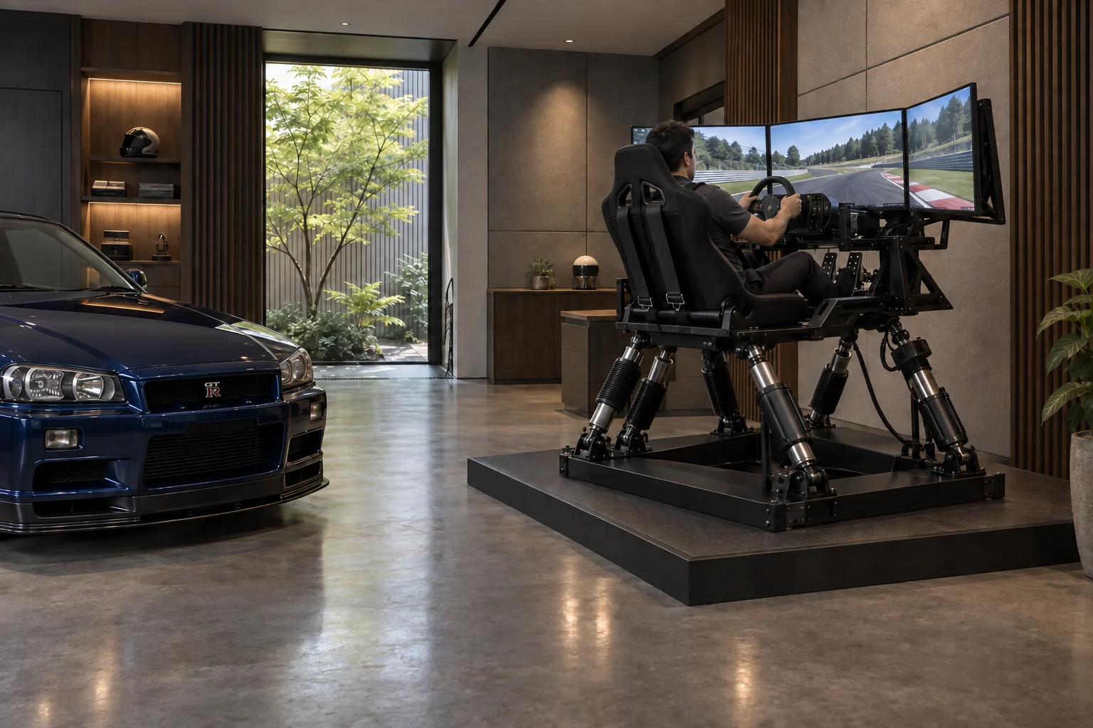Six-axis motion simulator on a visible platform, framed by dark millwork and a courtyard view
