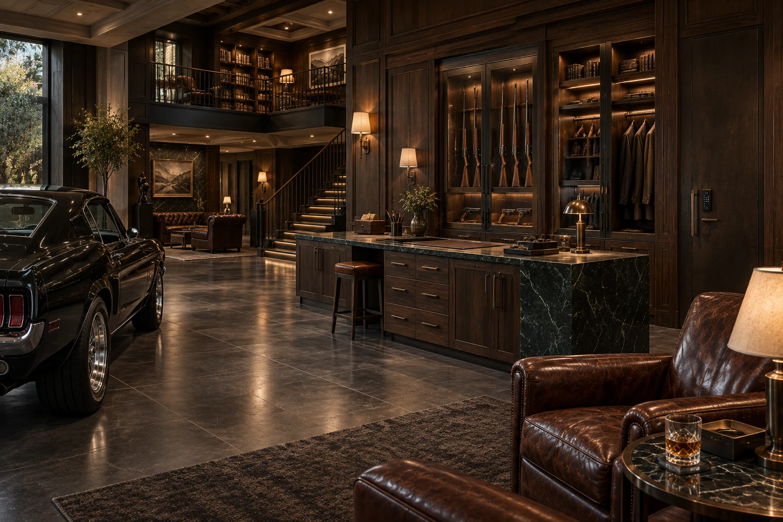 Open-plan private garage retreat with rich stone, dark timber, leather, collector cabinetry, and cars beside the workspace